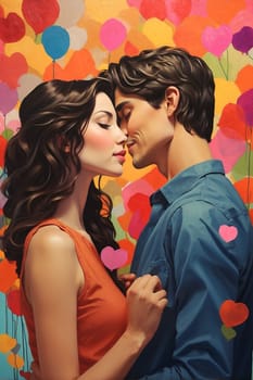 A beautiful painting capturing the intimate moment of a man and woman as they share a tender kiss.