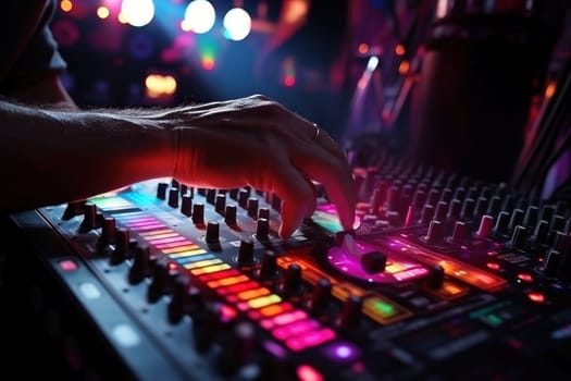 Close up hand on sound mixer disco light flare. Generative AI.