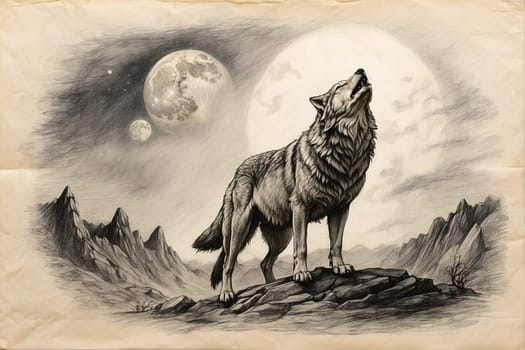 A realistic black and white drawing of a strong and steady wolf standing confidently on a large rock.