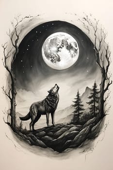 An impressive drawing of a wolf standing boldly in front of a luminous full moon.