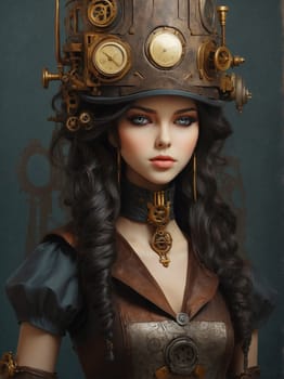 A doll wearing a hat adorned with clocks on its head.