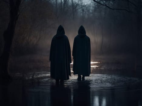 Two individuals standing outdoors in the rain during the nighttime.