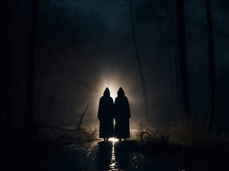 A captivating photo of two individuals standing in the mysterious ambiance of a dark forest during nighttime.