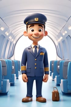 A cartoon character stands in the aisle of an airplane, surrounded by rows of seats and overhead compartments.
