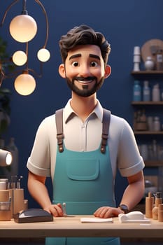 A man with a beard is standing in front of a counter in a casual setting.