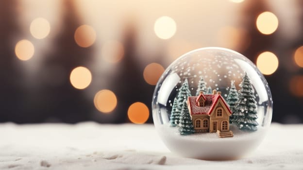 Christmas glass ball on snow with mini house inside. Winter scenery. Generative AI.