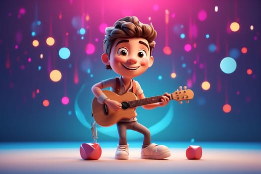 Capture the lively moment of a cartoon character giving an energetic guitar performance on a vibrant stage.