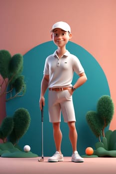 A man wearing a white shirt and white shorts holds a golf club while posing on a golf course.