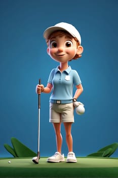 A cartoon character holds a golf ball in one hand and a golf club in the other.