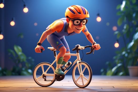 A cartoon character happily rides a bike on a smooth wooden floor.