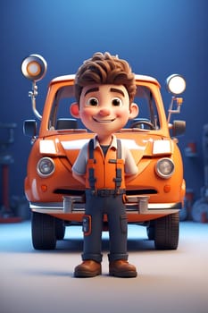 A cartoon character stands proudly in front of a colorful car, ready for an adventure.