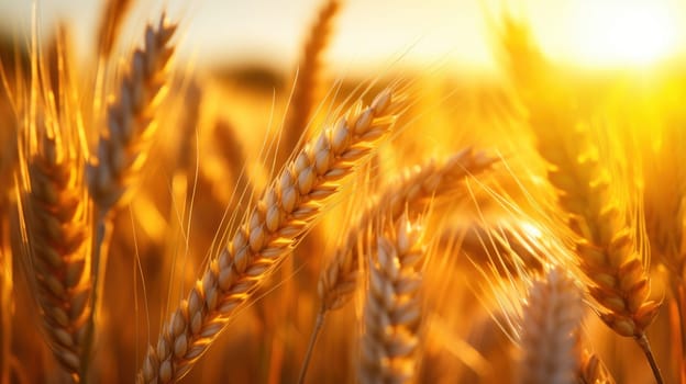 Wheat field Ears of golden wheat close up. Beautiful nature sunset landscape. Generative AI.