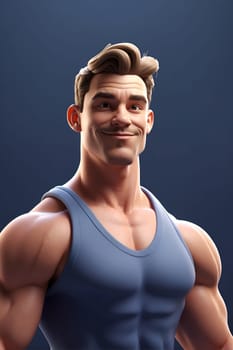 A smiling man with a mustache posing confidently while wearing a blue tank top.
