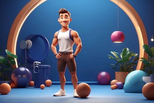 A man stands in front of a gathering of balls, in a setting featuring numerous spherical objects.