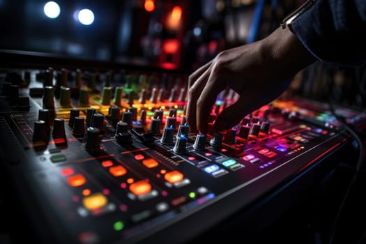 Close up hand on sound mixer disco light flare. Generative AI.