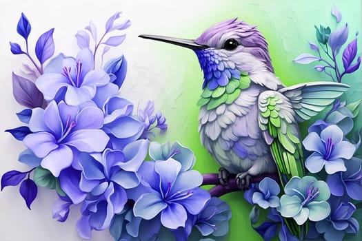 This stunning painting captures a hummingbird resting on a branch surrounded by vibrant purple flowers.
