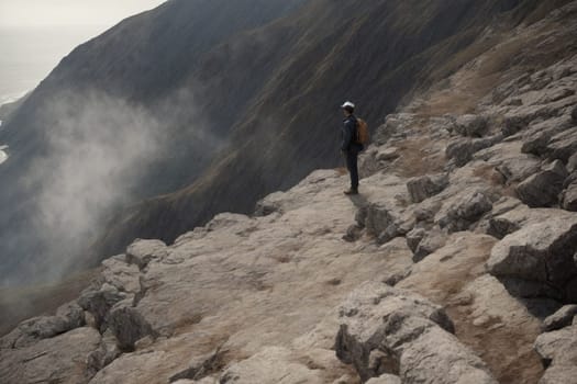 This captivating photo captures a man standing tall on the peak of a rugged cliff, offering an awe-inspiring vista of the natural landscape.