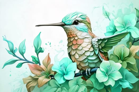 This stunning painting captures the serene moment of a hummingbird perched on a branch adorned with vibrant flowers.