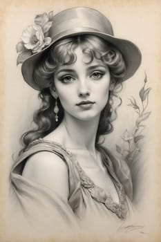 This detailed monochrome drawing showcases a woman wearing a hat in a timeless fashion.