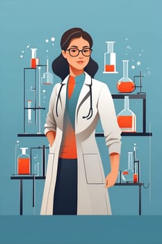 A woman wearing a lab coat and glasses conducts experiments in a laboratory setting.