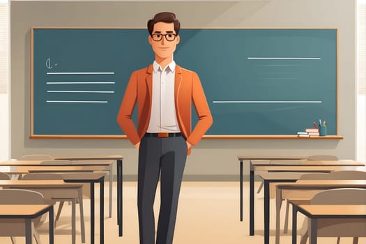 A man stands in front of a blackboard in a classroom, delivering a lesson to engaged students.