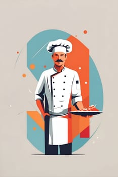 An experienced chef dressed in a traditional chefs outfit holding a tray with a plate of food.