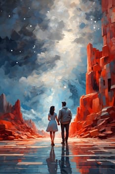 A beautiful painting capturing the love and unity between a man and a woman as they hold hands.