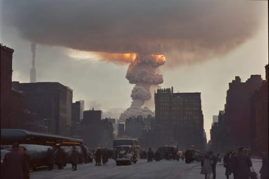 A devastatingly huge mushroom cloud looms over a bustling city, casting an ominous shadow upon its skyline.