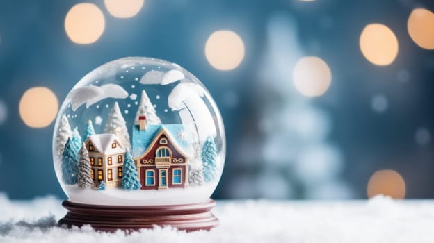 Christmas glass ball on snow with mini house inside. Winter scenery. Generative AI.
