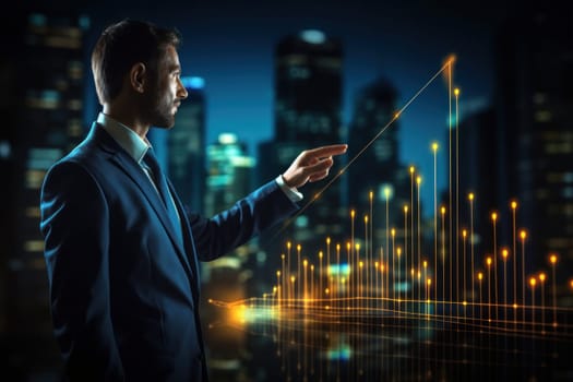 A Businessman pointing arrow graph corporate future growth plan. Generative AI.