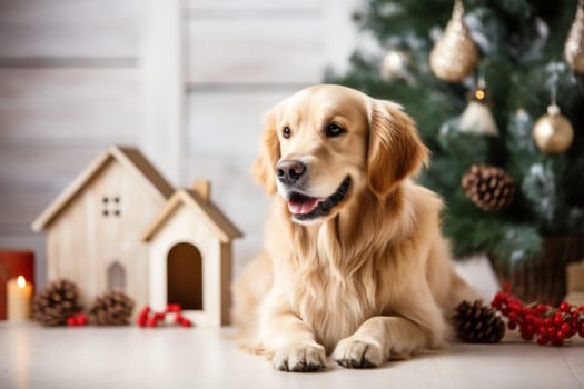 Christmas themed A friendly dog sitting next to a house. Generative AI.
