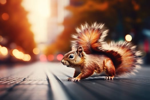 Squirrel in the big city, blurred background. Generative AI.