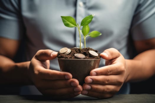 Man holding hip of coins with small green seedling growing from them. Generative AI.