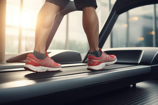 Close up of the activity of a leg running on a treadmill. Generative AI.