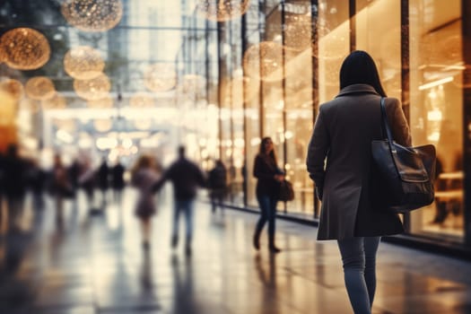Blurred background of a modern shopping mall with some shoppers. Generative AI.