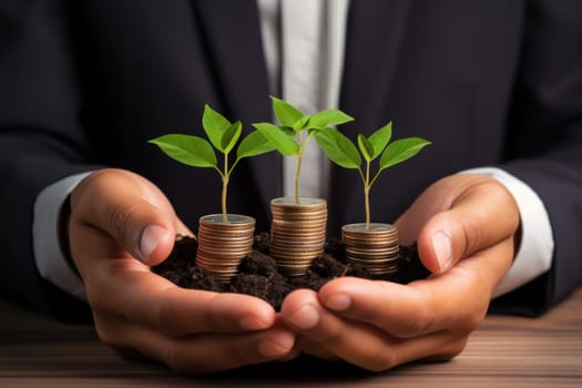 Man holding hip of coins with small green seedling growing from them. Generative AI.
