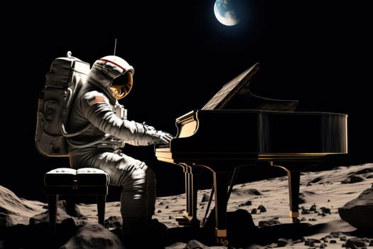 Astronaut playing piano, floating in front of the moon. Generative AI.