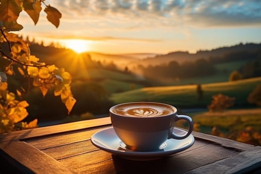 Fresh coffee cup outdoor in front of beautiful nature sunrise. Generative AI.