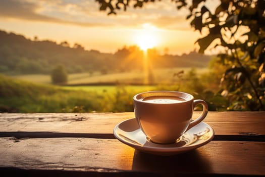 Fresh coffee cup outdoor in front of beautiful nature sunrise. Generative AI.