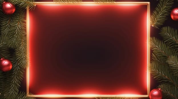 Red neon frame with close up Christmas spruce branches with copy space. Generative AI.