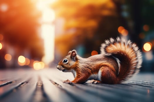 Squirrel in the big city, blurred background. Generative AI.