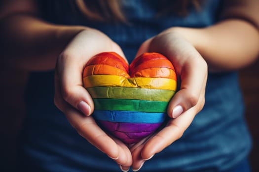 Hands hold heart in the colors of rainbow on light blue background. LGBT concept. Generative AI.