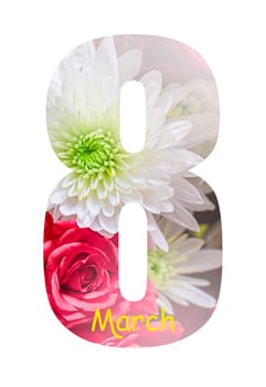 Number 8 greeting card design with beautiful flowers on white background. International Women's day.