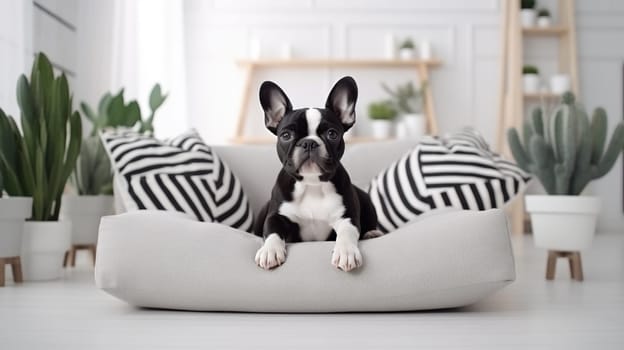 Modern living room interior. cute French bulldog on couch. Generative AI.