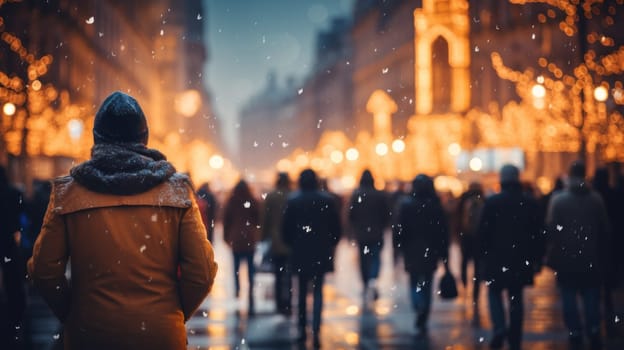 People walking in the city street with bokeh Christmas night. Generative AI.
