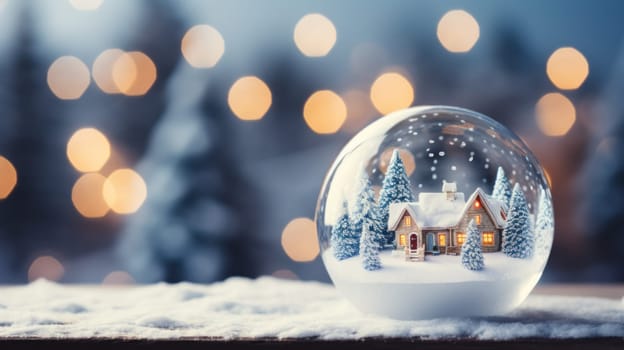 Christmas glass ball on snow with mini house inside. Winter scenery. Generative AI.