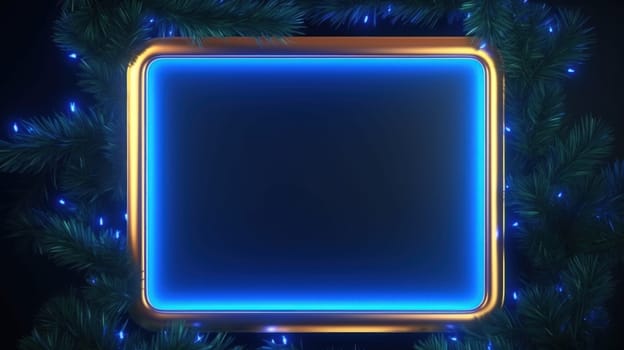 Blue neon frame with close up Christmas spruce branches with copy space. Generative AI.
