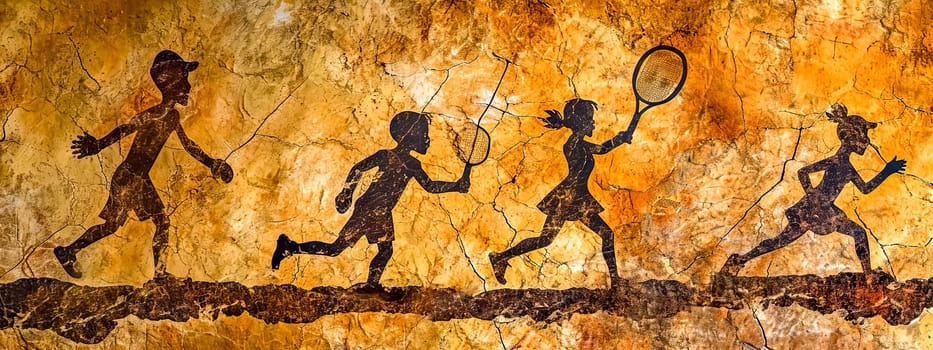 Ancient-style mural of people playing tennis on cracked surface.