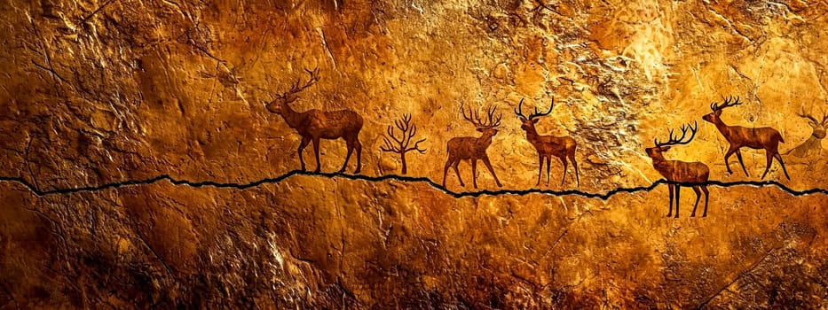 Prehistoric cave painting style illustration of a herd of deer.