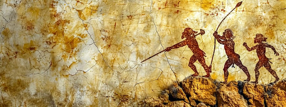 Artistic representation of ancient hunters on a rustic cave wall, copy space